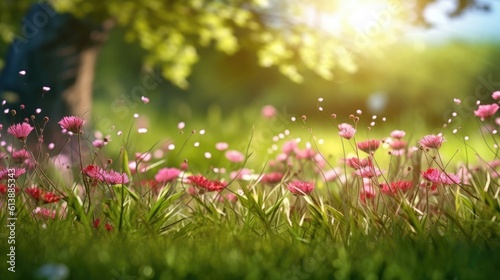 Colorful blooming meadow flowers with green grass and light splashes with bokeh lens background. Generative Ai © Areerat