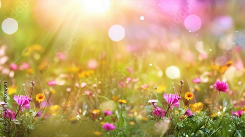 Colorful blooming  meadow flowers with green grass and light splashes with bokeh lens background. Generative Ai