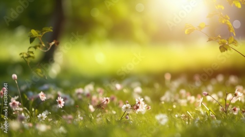 Colorful blooming meadow flowers with green grass and light splashes with bokeh lens background. Generative Ai
