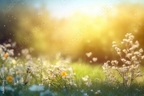 Colorful blooming  meadow flowers with green grass and light splashes with bokeh lens background. Generative Ai