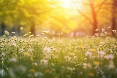 Colorful blooming  meadow flowers with green grass and light splashes with bokeh lens background. Generative Ai © Areerat