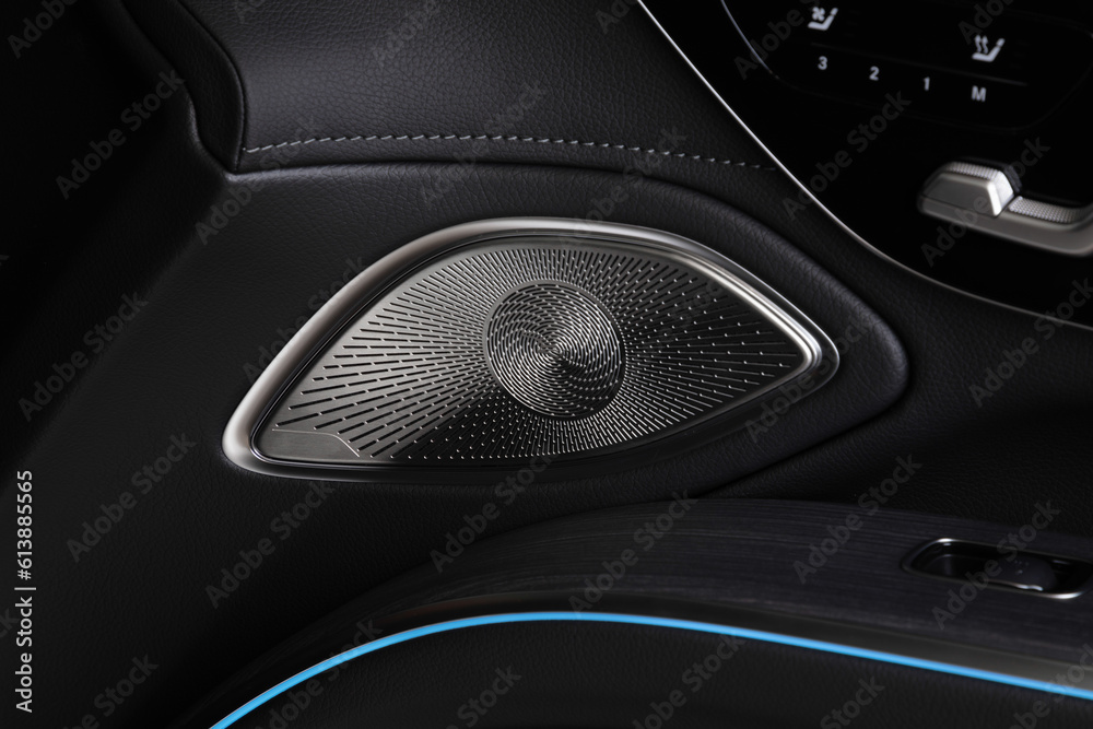a close up of a luxury car speaker with door controls and ambient lighting 