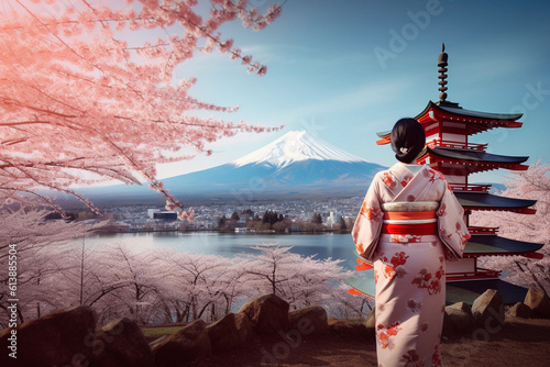 Japanese girl in kimono traitional dress walk in Sakura park with Fuji mountain background.Image ai generate photo
