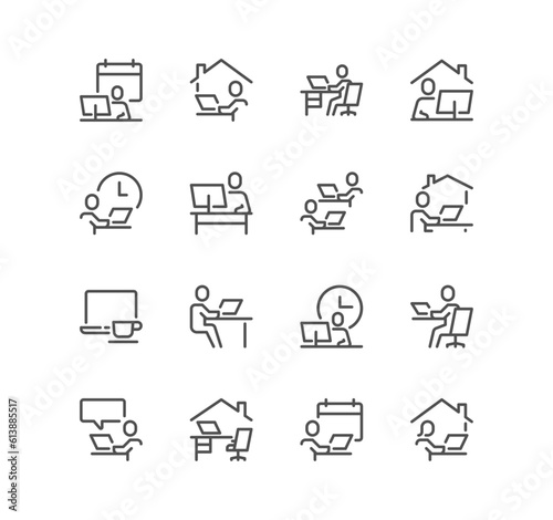 Set of work place related icons, working, remote work, video conference, coworkin, freelancer, home office and linear variety vectors.