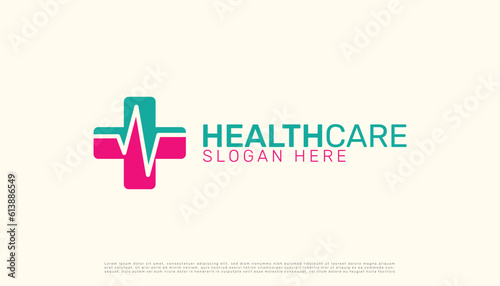 medical healthcare logo with plus sign and a pulse put together creatively, vector logo