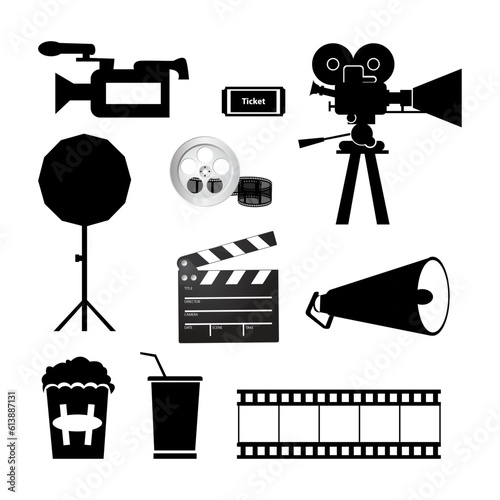 Best Black And White Cinema Movie Entertainment Clip Art Icon Set Template. Film Studio Building Interior Vector Flat Illustration. Black Round Film And Premium Vector Set With White Background.