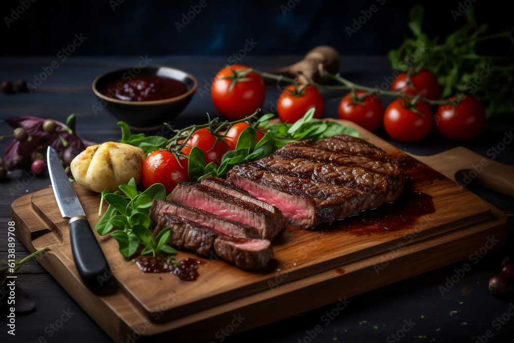 Slices of medium rare roast beef meat on wooden cutting board.by Generative AI. Slices of medium rare roast beef meat on wooden cutting board.by Generative AI.