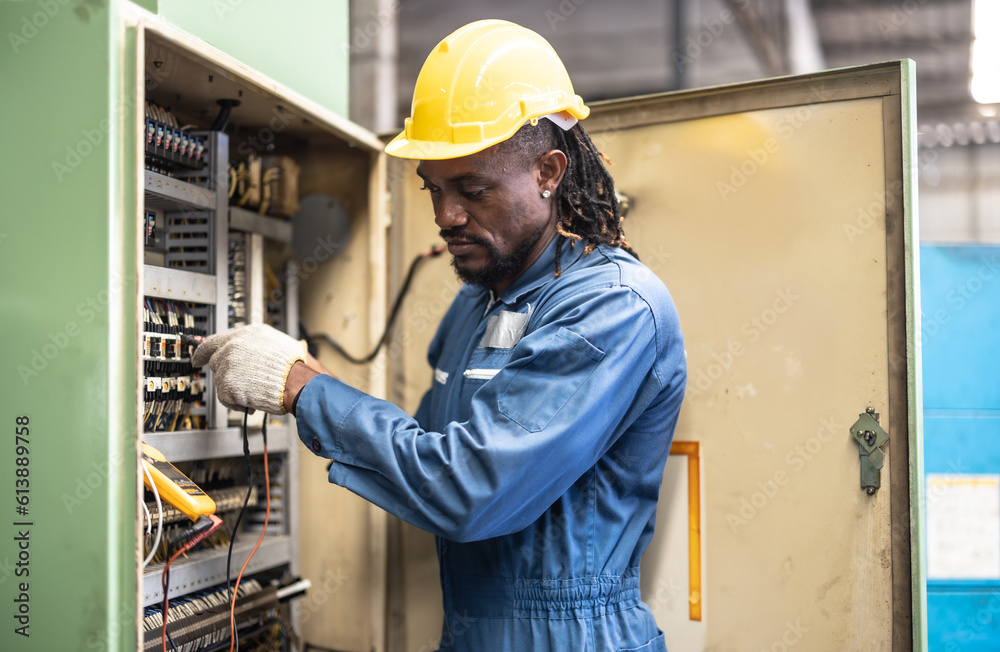 Electrical technician tests wiring, polarity, grounding, voltages and
