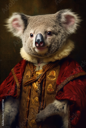 An anthropomorphic koala bear in a renaissance painted style. photo