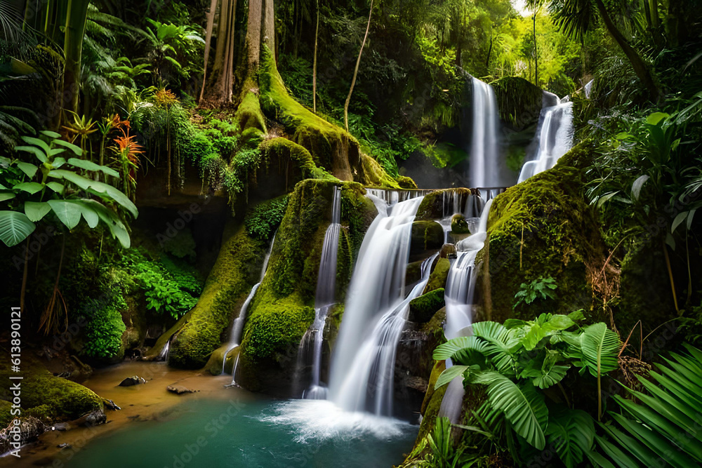 waterfall in jungle, blue water flowing swiftly waterfall in jungle, blue water flowing swiftly