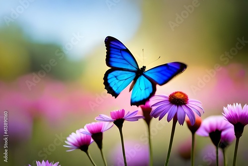 A blue butterfly is hovering over a flower to collect polan © Being Imaginative