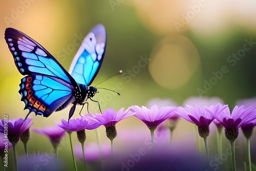 A blue butterfly is hovering over a flower to collect polan © Being Imaginative