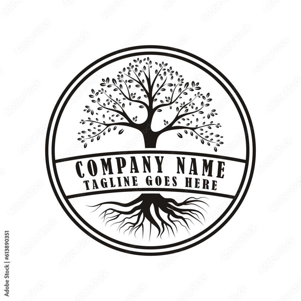 Obraz premium Root Leaf Family Tree of Life Oak Banyan Maple Stamp Seal Emblem Label logo