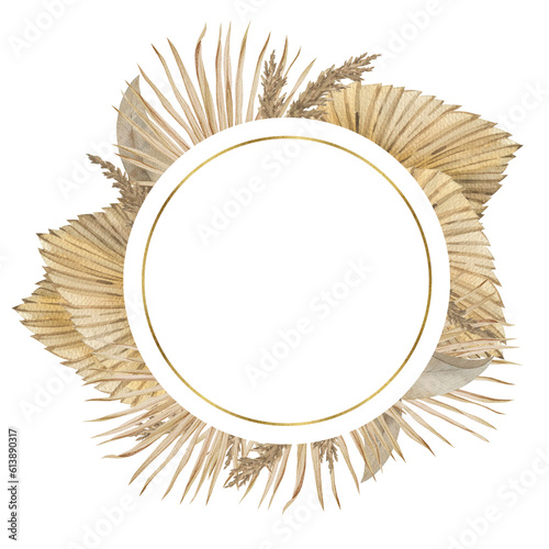 Watercolor round bohemian frame with tropical leaves  dried palm leaves. Beige element for wedding design  invitation