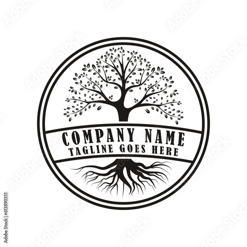 Root Leaf Family Tree of Life Oak Banyan Maple Stamp Seal Emblem Label logo