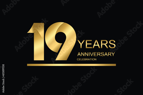 19 year anniversary vector banner template. gold icon isolated on black background.