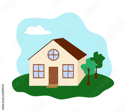 A cottage house. Flat design colorful illustration clipart, isolated on white background. Real estate for sale concept