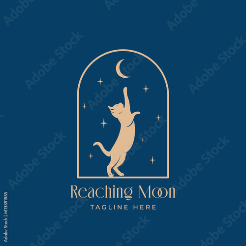Cat reaching for the moon abstract vector logo template. Cat silhouette on the night arch window with moon and stars in the sky background Isolated