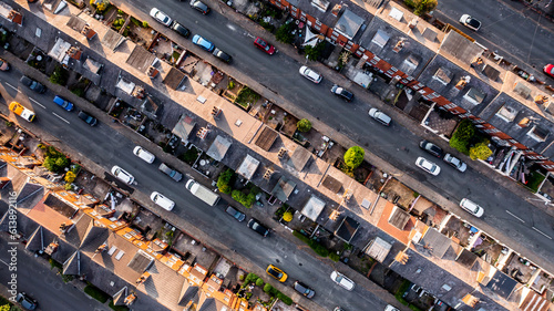 Aerial view directly above the rooftops of a block of back to back terraced houses in the North of England