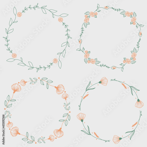 Set of round frames with floral elements. Vector illustration.