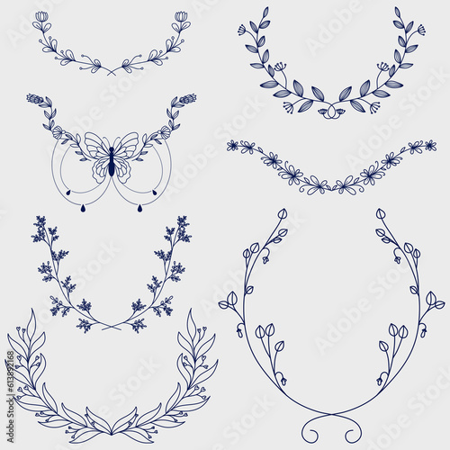 Set of floral wreaths. Collection of vector design elements.