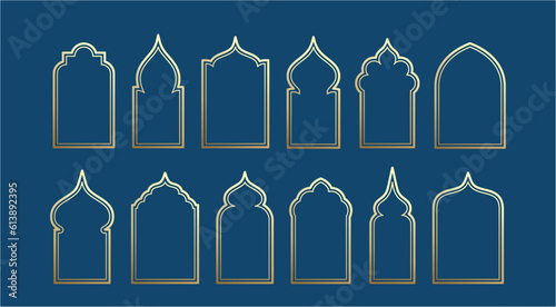 Islamic golden window frames illustrations collection. Arabian architecture geometric arch door shapes silhouettes set. Ramadan kareem mosque gates icons Isolated