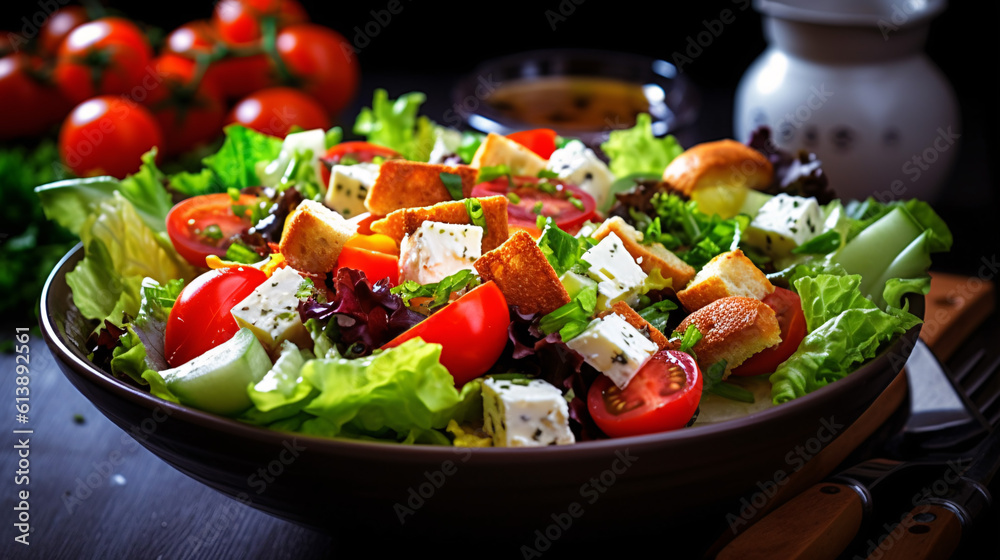 Colorful and Fresh Salad Bowl, Garden Delight , a vibrant salad bowl filled with fresh lettuce, cherry tomatoes, cucumbers, bell peppers, and feta cheese. Balsamic vinaigrette, croutons. Generative AI Colorful and Fresh Salad Bowl, Garden Delight , a vibrant salad bowl filled with fresh lettuce, cherry tomatoes, cucumbers, bell peppers, and feta cheese. Balsamic vinaigrette, croutons. Generative AI