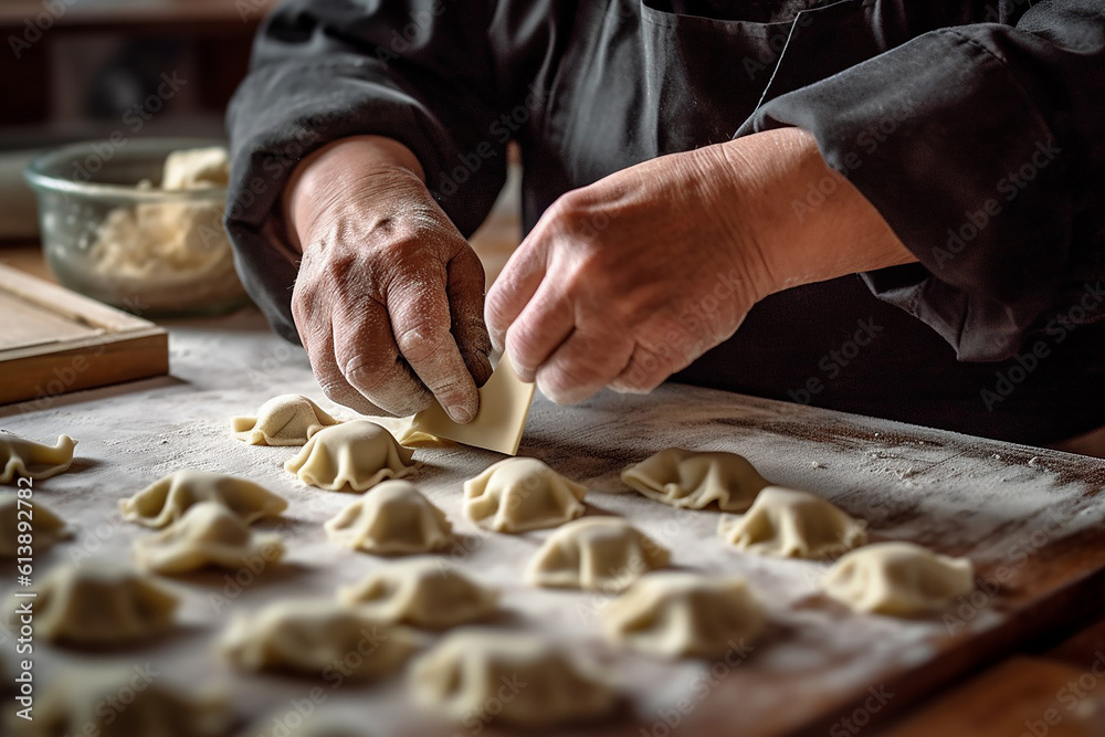 Skilled hands meticulously fold and seal dumplings generative AI