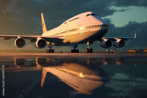 Illustration of a 747 jet parked on a runway. 