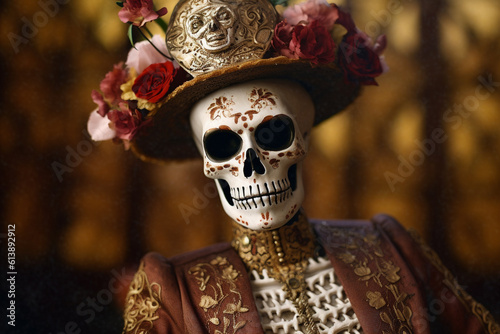 Illustration of a skeleton dressed for the day of the dead celebration. Generative AI. 