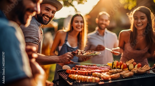 Friends socializing and enjoying a backyard BBQ, grilling food at a summer cookout