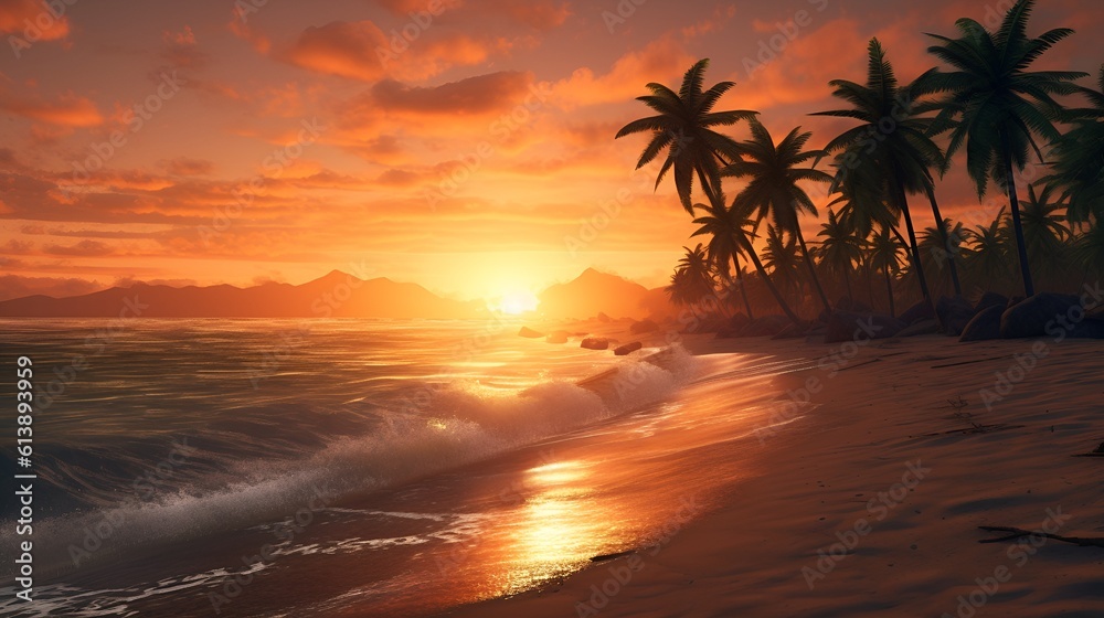 Beautiful tropical beach coastline with gentle waves, palm trees, golden sunset