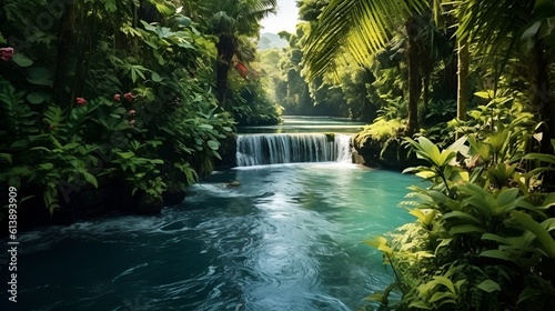 Tropical Oasis with Cascading Waterfall