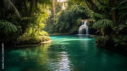 Tropical Oasis with Cascading Waterfall © GnrlyXYZ