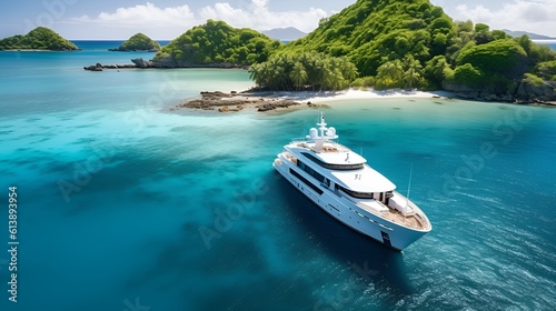 Luxurious yacht in a secluded bay, surrounded by turquoise waters and tropical paradise © GnrlyXYZ