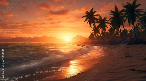 Beautiful tropical beach coastline with gentle waves, palm trees, golden sunset © GnrlyXYZ