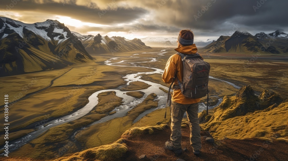 Podróżnik, z plecakiem, patrzy, na horyzont, pokrętne koryto rzeki, góry, majestatyczny widok. AI generated - obrazy, fototapety, plakaty 