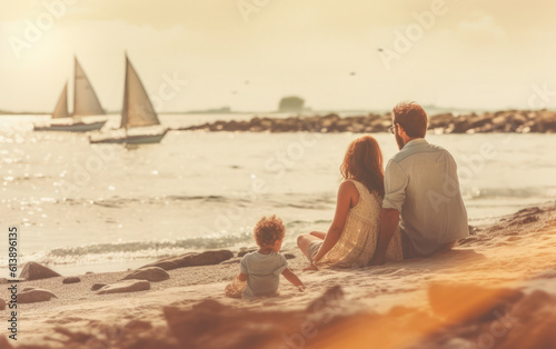 Young family on the seashore. Rest on the beach.