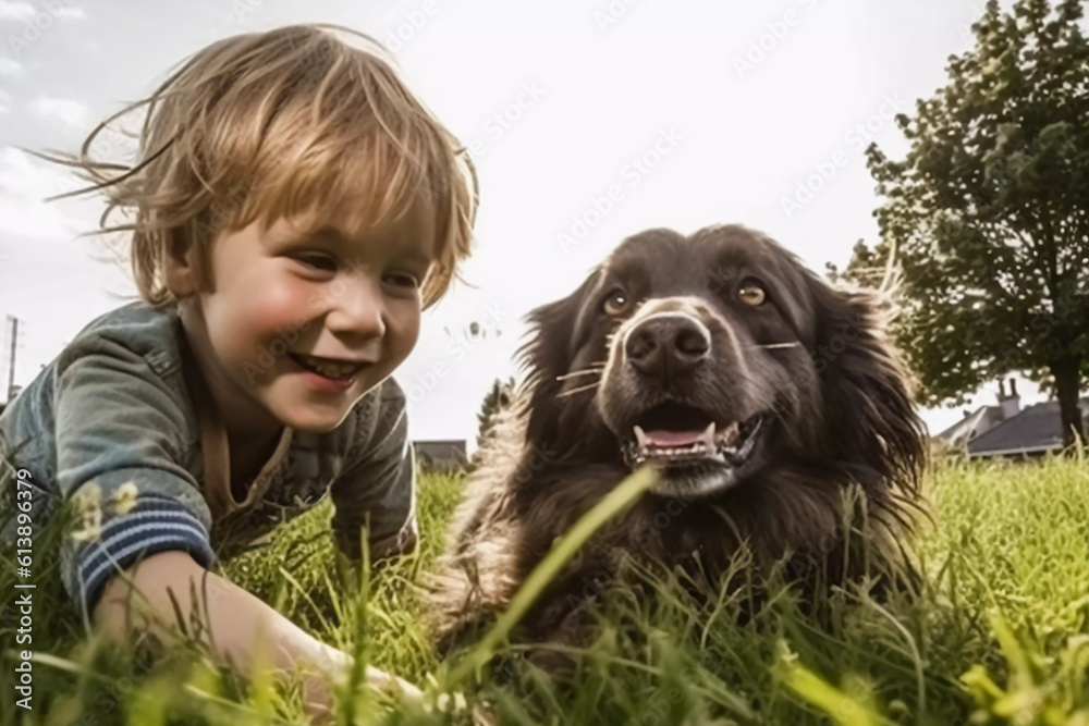 Amitié chien et enfant dans la nature. Photo générée par IA