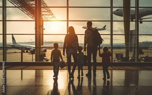 Young family at the airport. Holidays together.