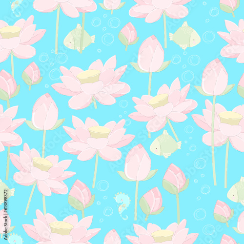 Seamless Pattern with Pastel Lotuses on Blue Background