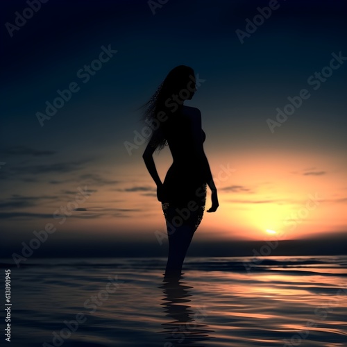 Silhouette of thin  mixed  woman gazing at calm ocean sunset 