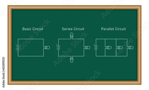 Basic circuit. Series circuit. Parallel circuit diagram. Diagram of circuit with light bulbs and battery. Physics resources for teachers and students.