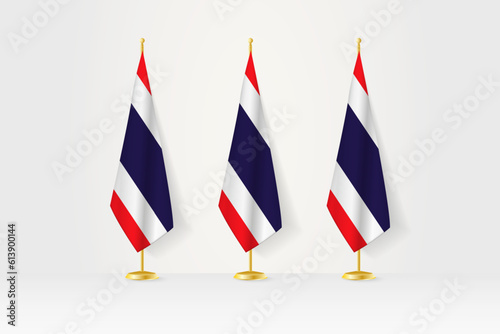 Three Thailand flags in a row on a golden stand, illustration of press conference and other meetings.