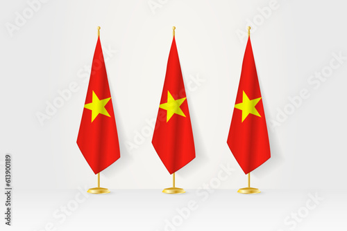 Three Vietnam flags in a row on a golden stand, illustration of press conference and other meetings.