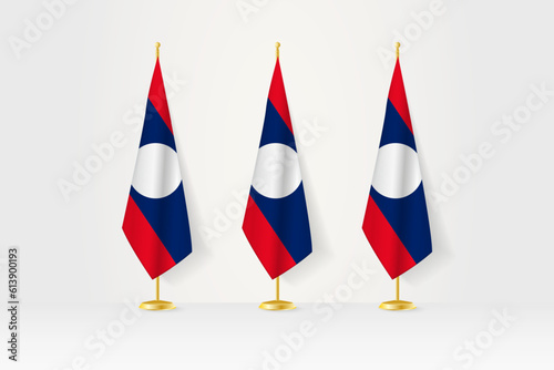 Three Laos flags in a row on a golden stand, illustration of press conference and other meetings.