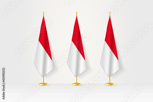 Three Indonesia flags in a row on a golden stand, illustration of press conference and other meetings.