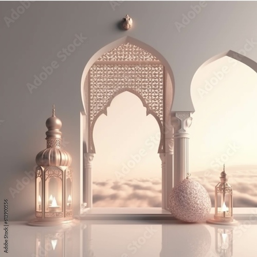  Ramadan Kareem background with arabic lantern and mosque