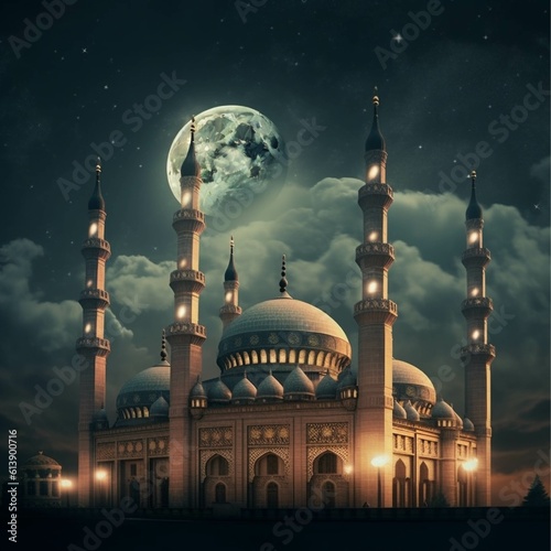 Mosque in the night with moon and stars © Samira