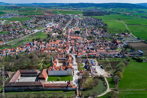 Aerial view around the old town center of the city Ellingen in Germany